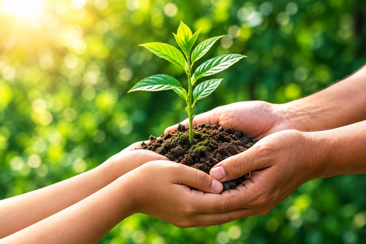 Two pairs of hands holding a young sapling in soil